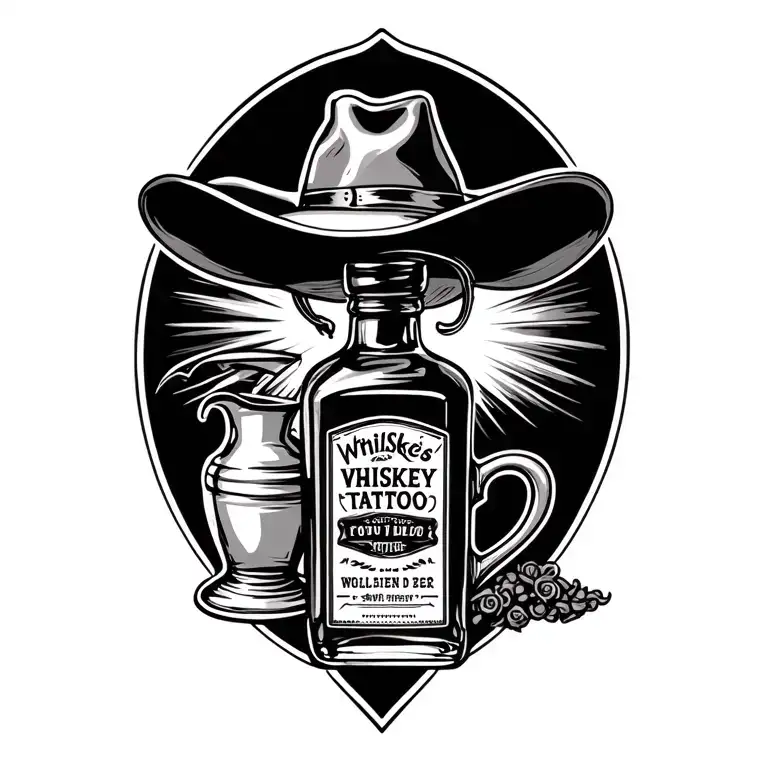 Whiskey Bottle And Cowboy Hat With Spittoon