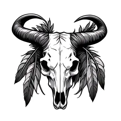 Longhorn Bull Skull Head With Feathers Ahanging From The Horns