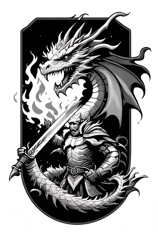 Dragon Breathing Fire At Knight Holding A Sword