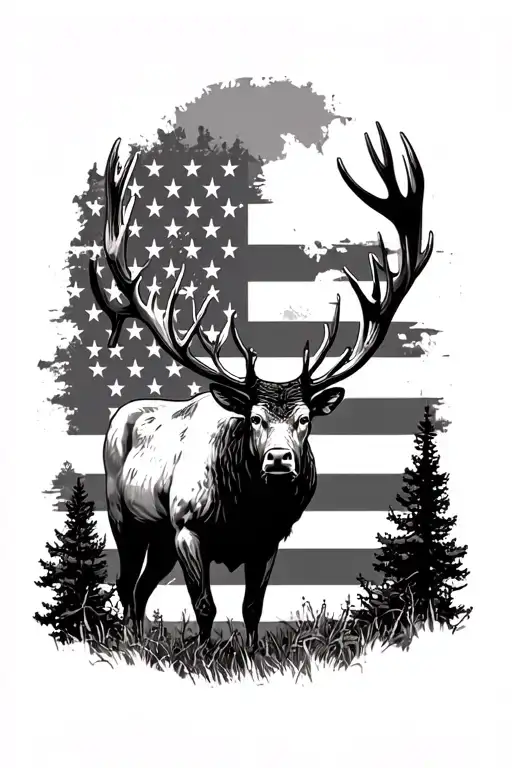 Bull Elk American Flag Arm Sleeve Tattoo With Nature Back Ground