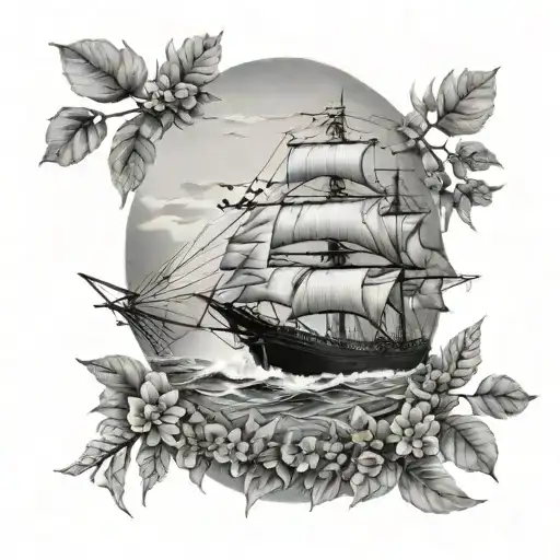 A Black-grey Tattoo Of A Ship Surrounded By Nature Photography Elements