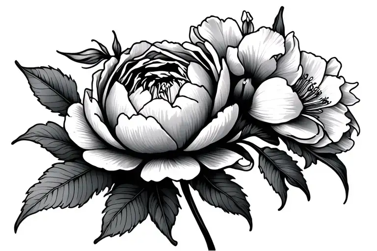 Peony And Gladiolus Flower Blooming Fine Line