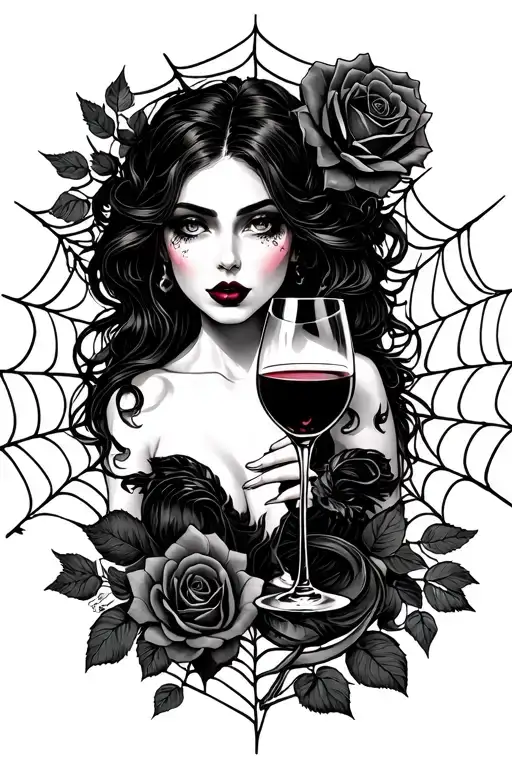 Worm Lady With A Glass Of Wine In A Web With A Rose