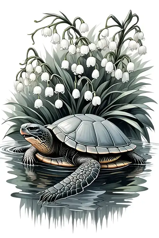 Lily Of The Valley And Turtle Swimming