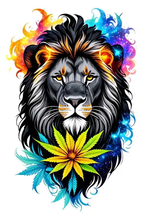 Black Mane Lion Infused With Colorful Galaxy And Cannabis Flower