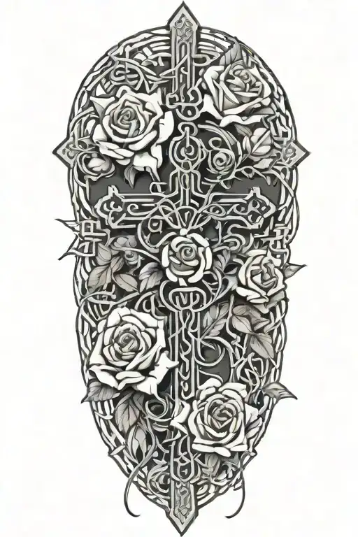 Cross Wrapped In Barbed Wire With Roses With Angel