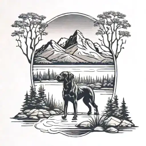 Nature Scene With A Mountain And Trees And A Lake With The Sihlhouette Of My Black Lab