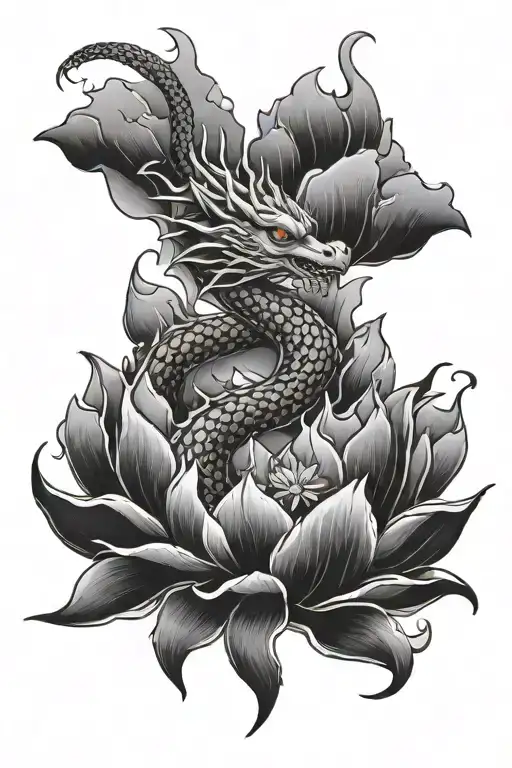 Dragon Rising Sun And Lotus Flower Intertwined