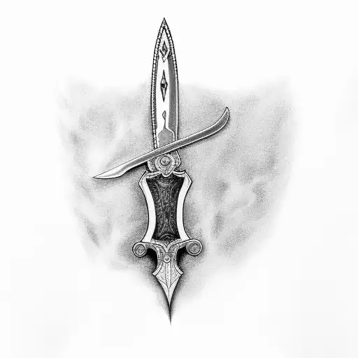 A Black And Grey Tattoo Of A Sword Embedded In A Book