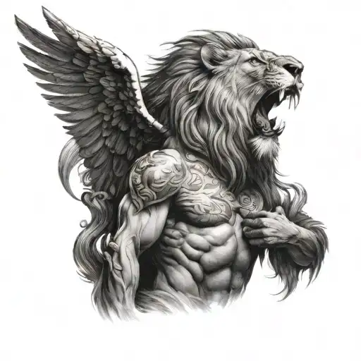 Lion Roaring On Chest With Falling Angel Men Posing