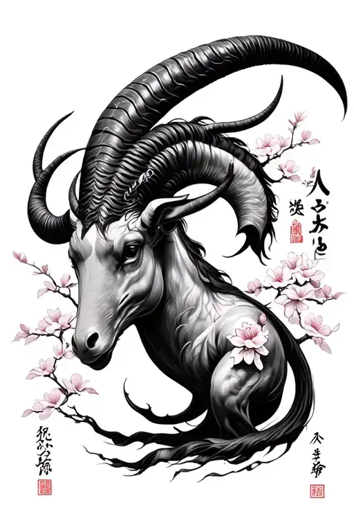 Capricorn With Sakura Tree And Japanese Strenght And Patience With Japan Word
