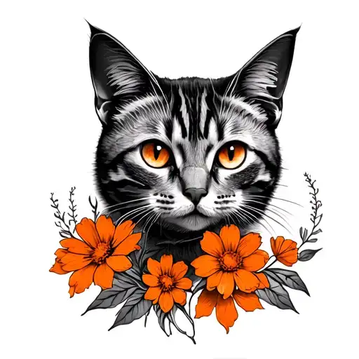 Cat Orange Flowers Lines