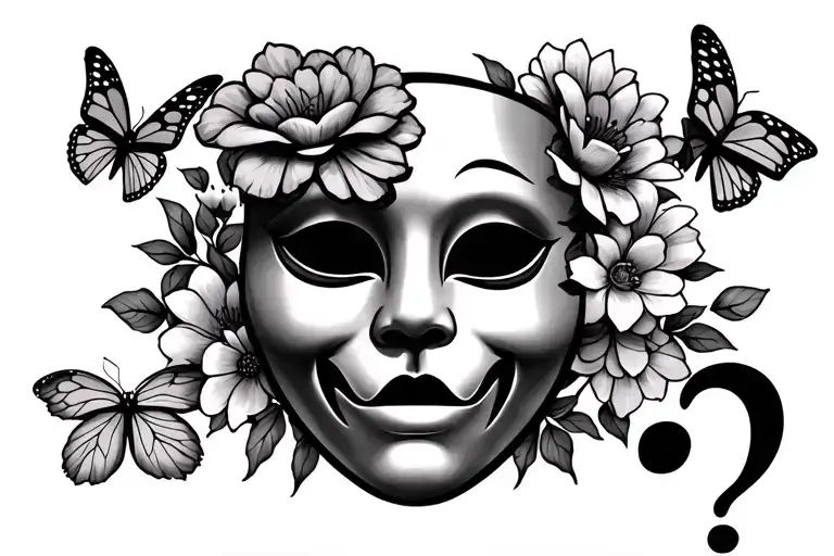 Comedy And Tragedy Mask With Flowers Butterflies And A Semicolon
