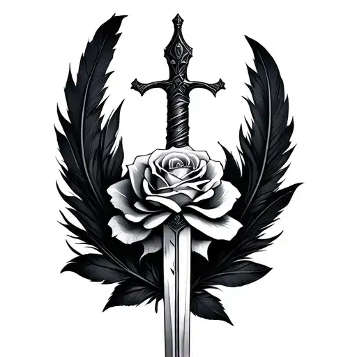 Sword Wrapped In A Rose And Surrounded By Black Feathers