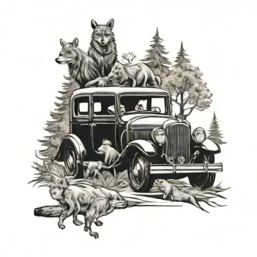 A Salesperson Driving A Vintage Car Surrounded By A Pack Of Wild Forest Animals