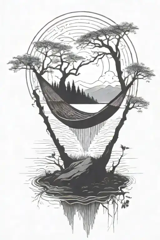 A Empty Hammock In The Woods Beside A Raging River With A Majestic Waterfall