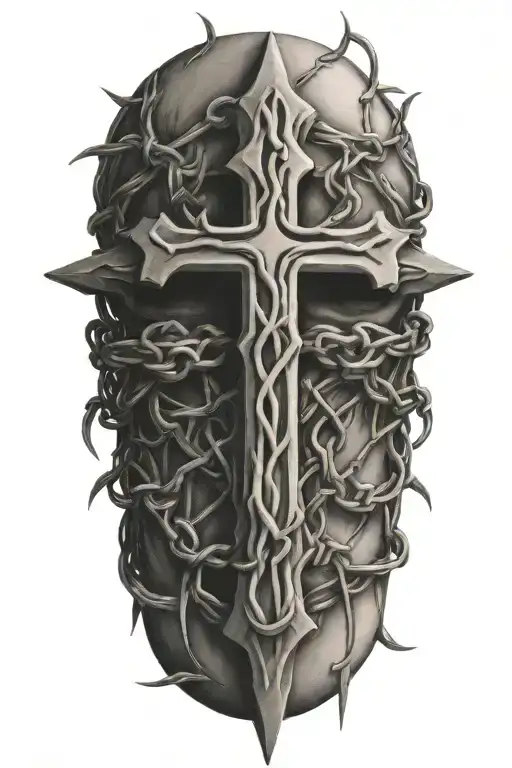 Cross Wrapped In Barbed Wire Filament That Spells