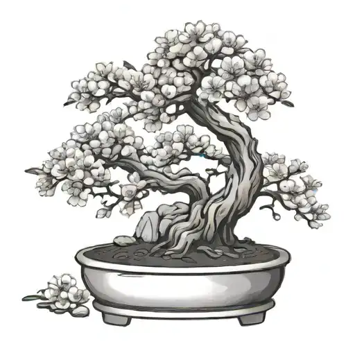 Potted Bonsai Tree With Small Cherry Blossoms At The Tips Of The Leaves