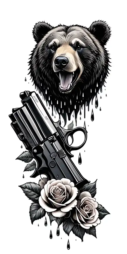 Bear Head Roses Gun Surrounded My Rain