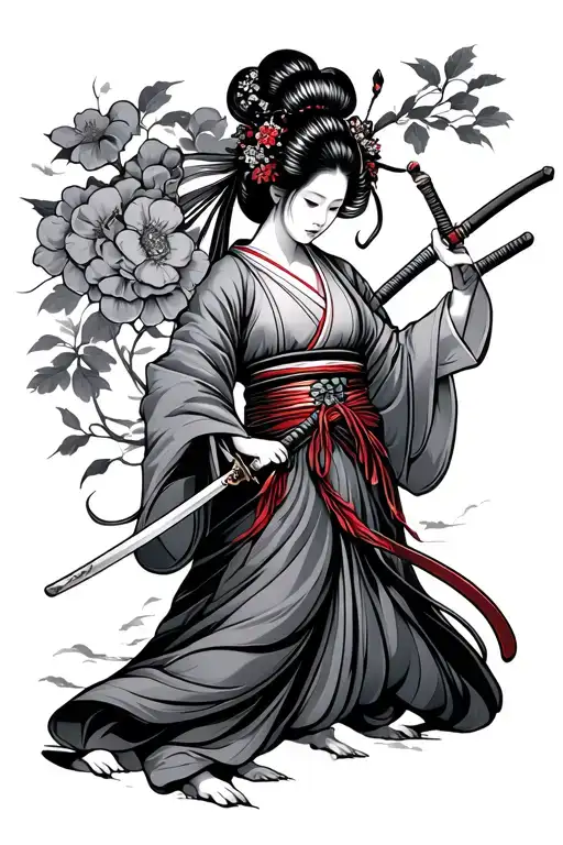 Japanese Torri Gate Geisha Holding A Katana