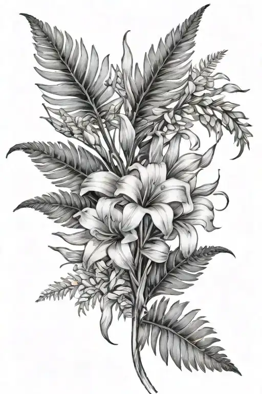 Fern Leaf And Gladioli Flowers Surrounding