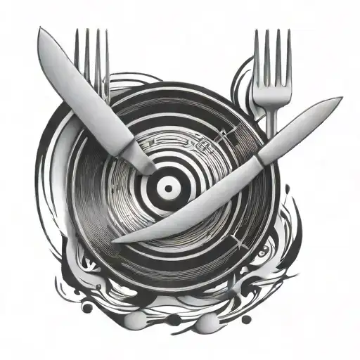 A Chef's Knife And Fork Crossed Over A Vinyl Record With Abstract Art Elements