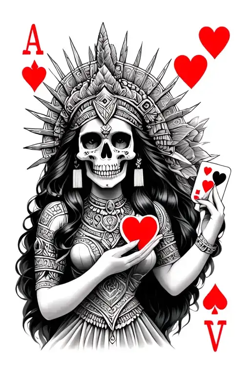 Aztec Skull Princess Holding Hearts Playing Card