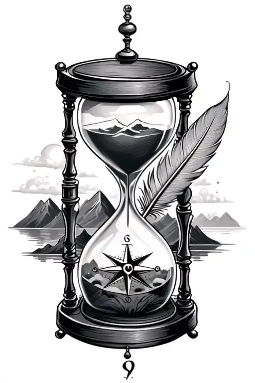 Compass And Hourglass With Feather And Mountains