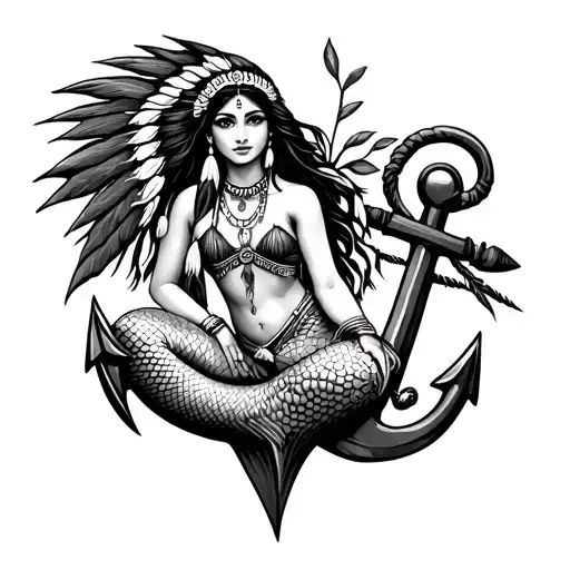 Native Indian Girl Mermaid Sitting On Anchor