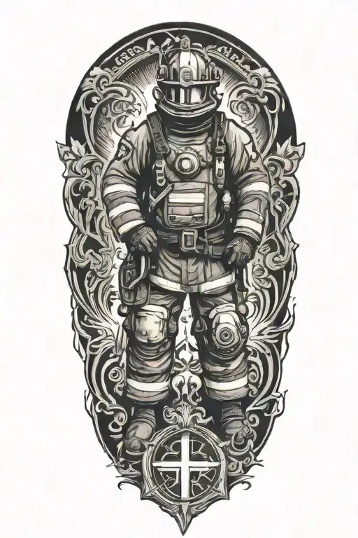 Fire Fighter Kneeling With Cross