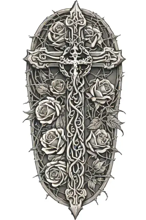 Cross Wrapped In Barbed Wire With Roses With Angel