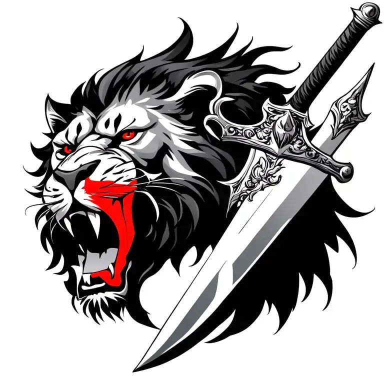 Powerful And Royal Sword And Aggressive Lion Filled With Red Mouth At Hilt Part
