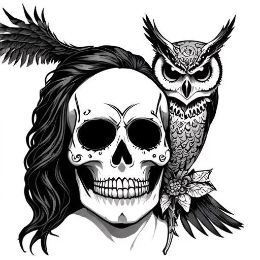 Santa Muerte With Owl And Skulls Representing Dark Periods