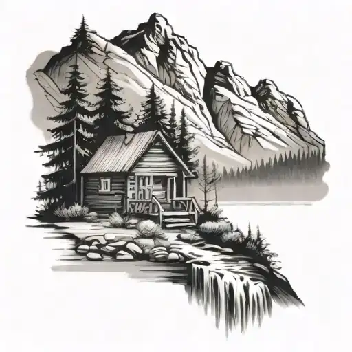 Cabin Beside A River In A Forest Below A Mountain