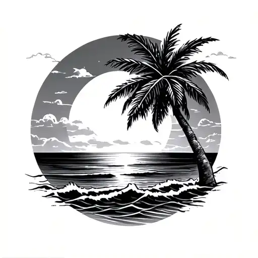 Ocean And Palm Tree With Setting Sun Setting