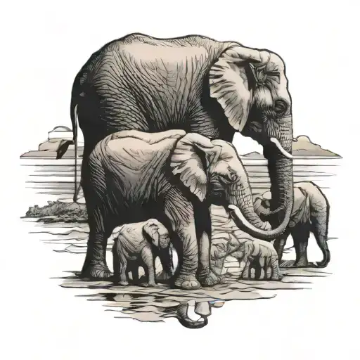 2 Adult Elephants And 2 Young Elephnats Siting At The Beach Eatching Sunset