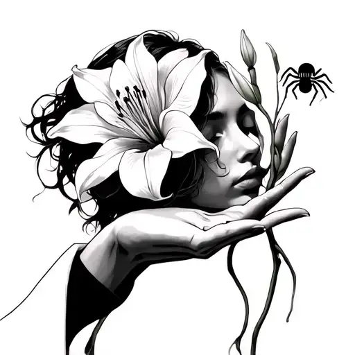 Woman With Her Head Bowed Down Hands Out Holding A Spider Lily Out Offering It