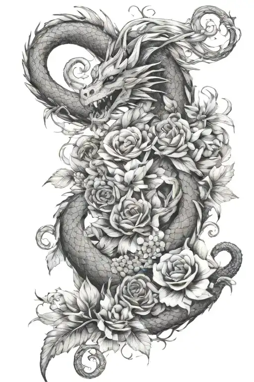 Dainty Tattoo With Alot Of Flowers And A Simple Dragon