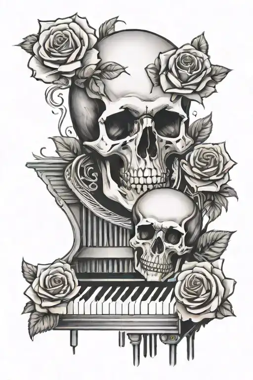 Piano Keys With A Pink Rose And Skull