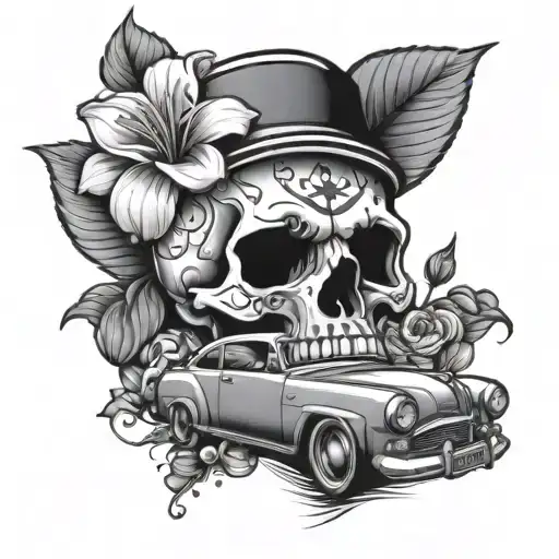 Skull And Flower And Car