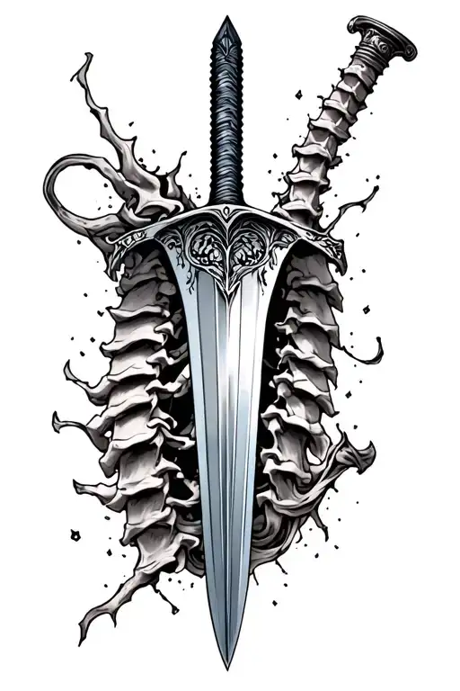 Spine Tattoo Sword Going In Up And Down Blade Broken But Levatating To Stay In A Line