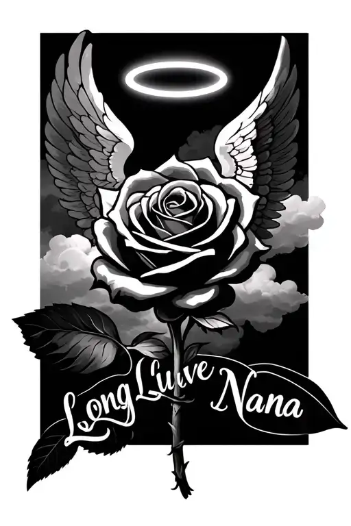 I Want A Rose With A Halo And Angel Wings With Clouds And It Saying Long Live Nana Rose
