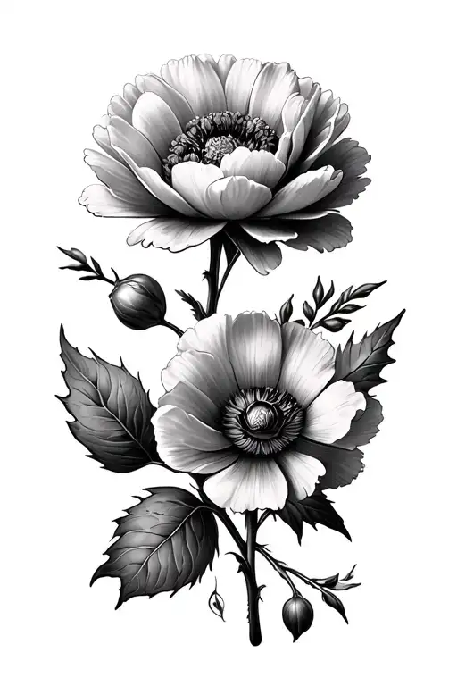 Marigold And Poppy And Peony Floral Piece With Some Leaves