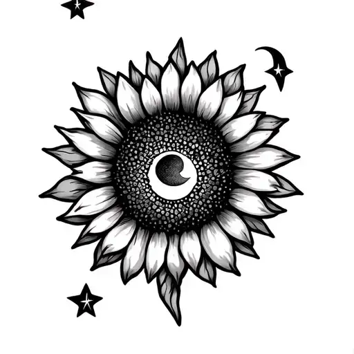 Sunflower With Sun And Moon Surrounded By Stars