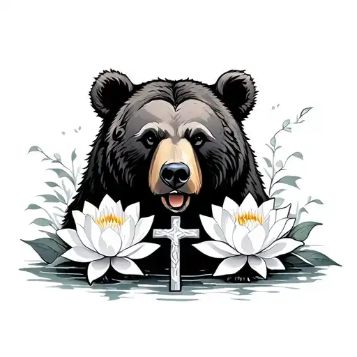 A Bear With White Lotus Flowers And A Religious Cross