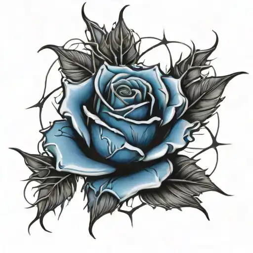 A Tattoo Design Of A Hauntingly Beautiful Blue And Black Rose Surrounded By Thorns And Spiderwebs