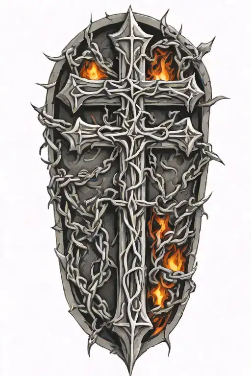 Cross Wrapped In Barbed Wire With Fire