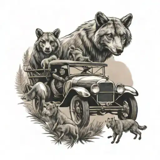 A Salesperson Driving A Vintage Car Surrounded By A Pack Of Wild Forest Animals