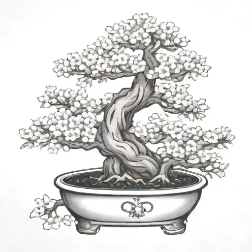 Potted Bonsai Tree With Small Cherry Blossoms At The Tips Of The Leaves
