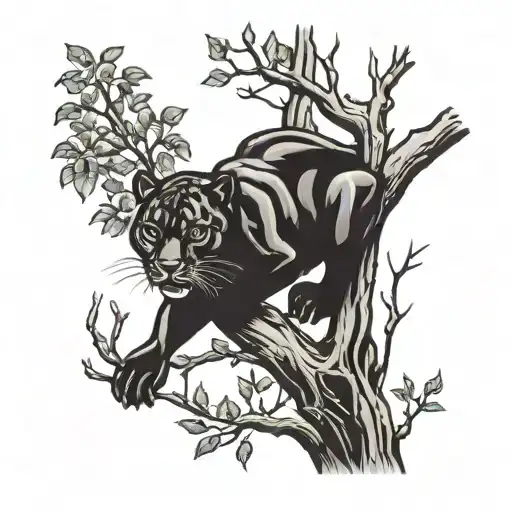 Panther Climbing Down Tree Branch S Bend